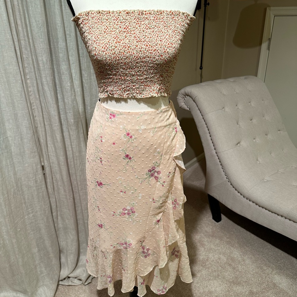 Floral Cream simpleretro wrap skirt : top set size S